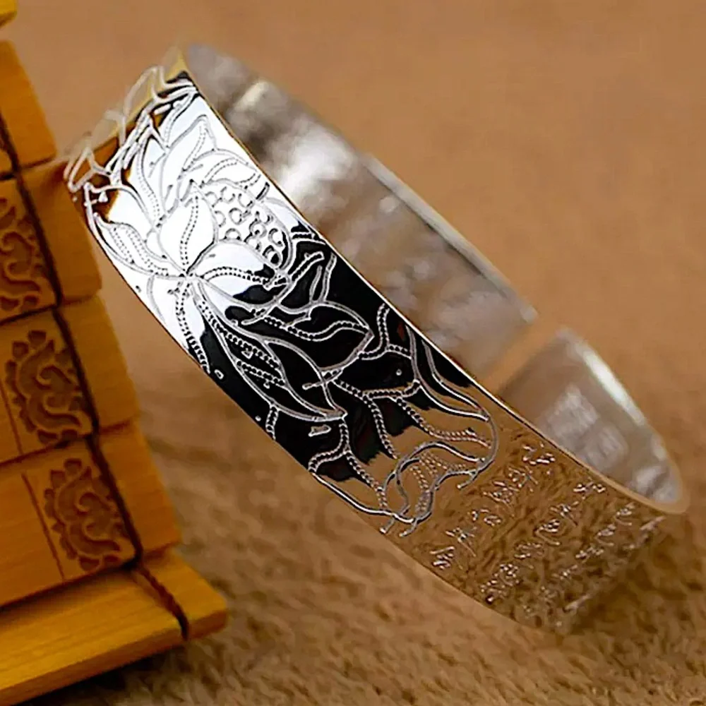 Silver Lotus Flower Cuff Bracelet Heart Sutra Engraved Spiritual Jewelry - Picture 2 of 6